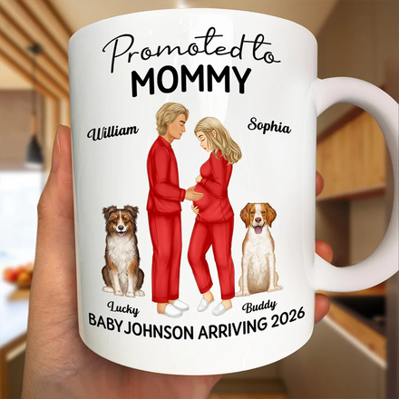 Promoted To Mommy & Daddy Baby Arriving - Personalized White Edge-to-Edge Mug