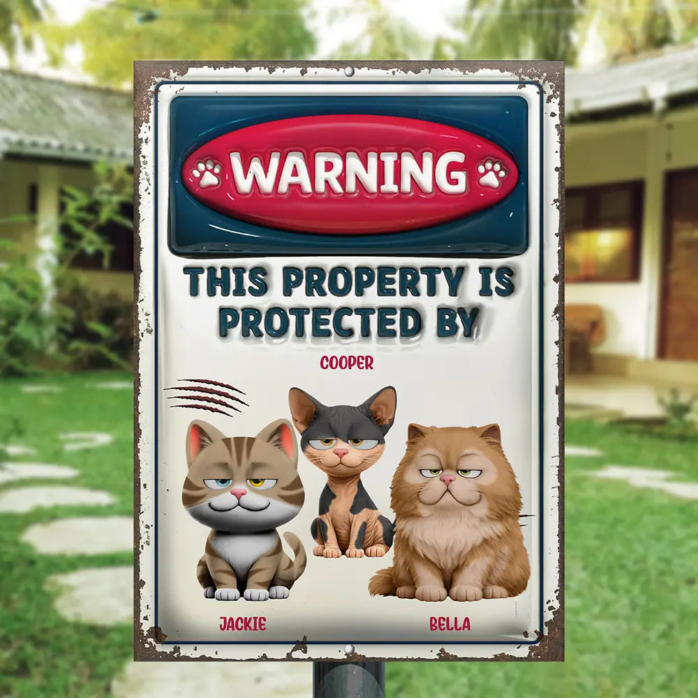 Pet Lovers,Pet Mom,Pet Dad,Cat Lovers,Cat Mom,Cat Dad,Happy - Property Is Protected By Funny Cat - Personalized Classic Metal Signs