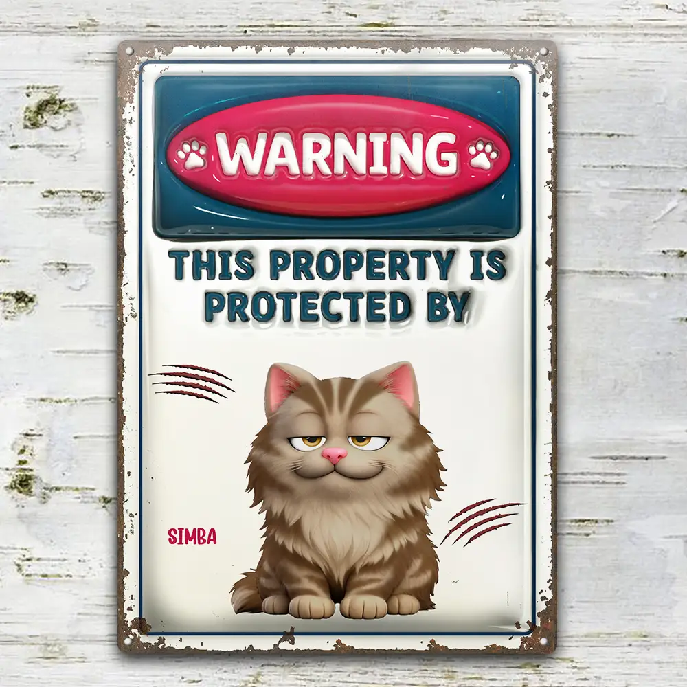 Pet Lovers,Pet Mom,Pet Dad,Cat Lovers,Cat Mom,Cat Dad,Happy - Property Is Protected By Funny Cat - Personalized Classic Metal Signs