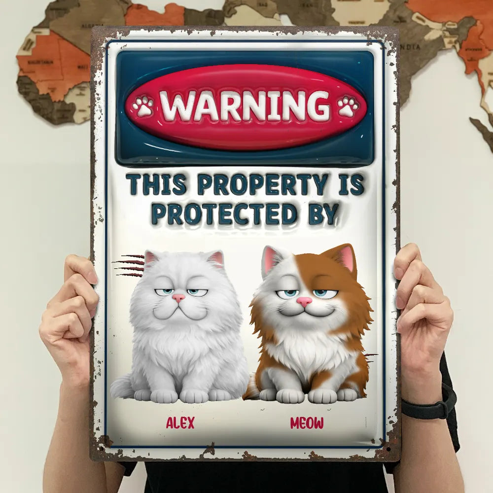 Pet Lovers,Pet Mom,Pet Dad,Cat Lovers,Cat Mom,Cat Dad,Happy - Property Is Protected By Funny Cat - Personalized Classic Metal Signs