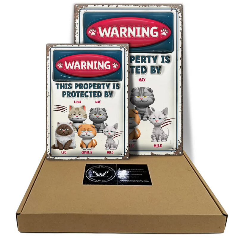 Pet Lovers,Pet Mom,Pet Dad,Cat Lovers,Cat Mom,Cat Dad,Happy - Property Is Protected By Funny Cat - Personalized Classic Metal Signs