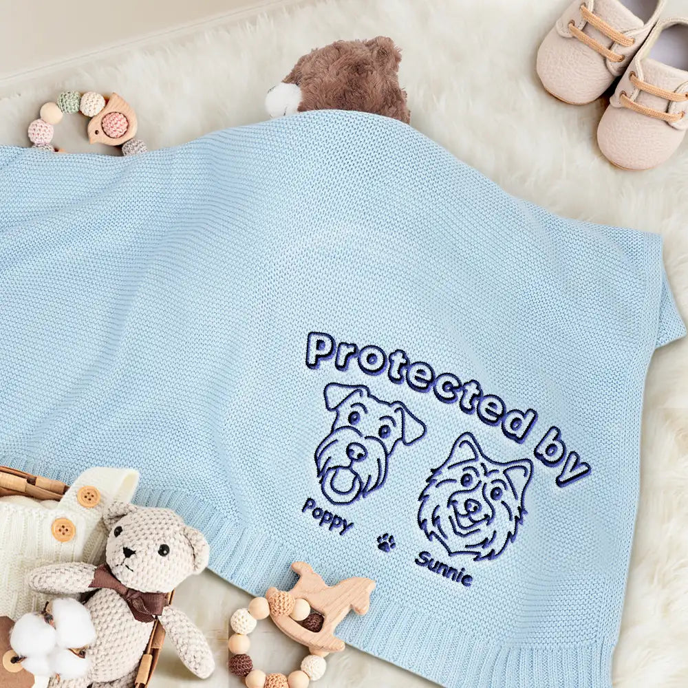 New Dad, New baby, New Mom, Love, Pet Lovers, Dog Lovers - Protected By Dogs - Personalized Embroidered Knitted Baby Blanket