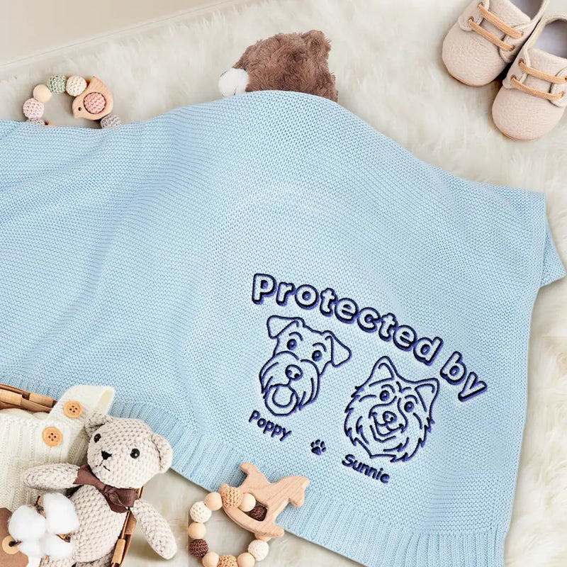 New Dad, New baby, New Mom, Love, Pet Lovers, Dog Lovers - Protected By Dogs - Personalized Embroidered Knitted Baby Blanket
