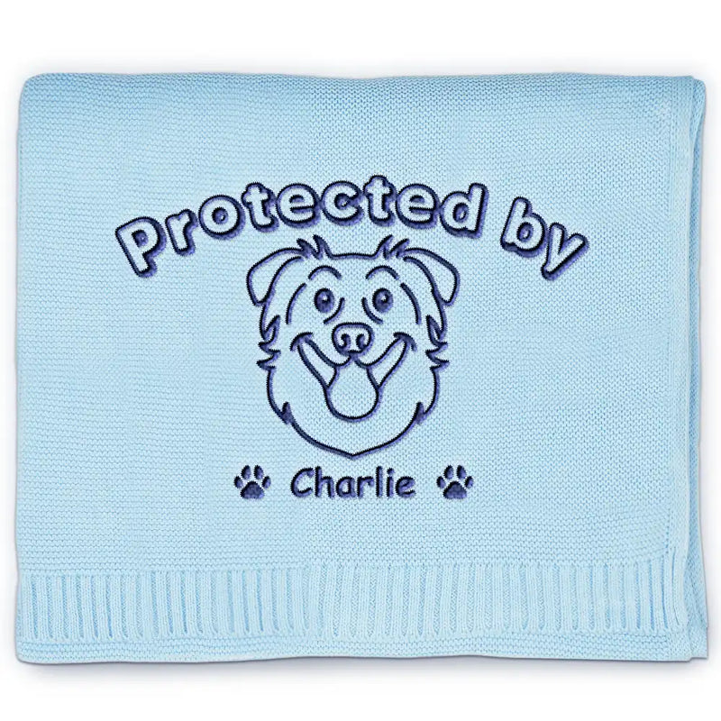 New Dad, New baby, New Mom, Love, Pet Lovers, Dog Lovers - Protected By Dogs - Personalized Embroidered Knitted Baby Blanket
