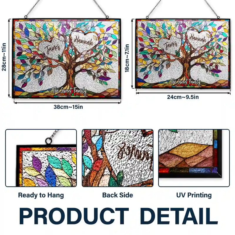 Family,Gift For Mother,Gift For Father,Gift For Grandma,Gift For Grandpa,Grandma - Grandkids,Grandpa - Grandkids,Non-Eng,Icon,Grateful - Family Unbreakable Bond Tree Of Life - Personalized Horizontal Stained Glass Suncatcher