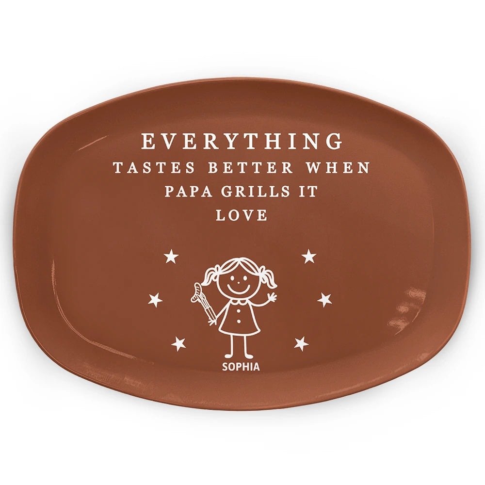 Gift For Father,Gift For Grandpa,Grilling,Non-Eng,Icon,Humorous - Everything Tastes Better When Grandpa Daddy Grills It - Personalized Plate