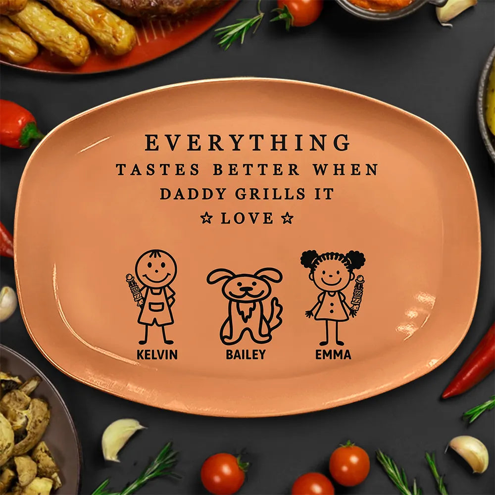 Gift For Father,Gift For Grandpa,Grilling,Non-Eng,Icon,Humorous - Everything Tastes Better When Grandpa Daddy Grills It - Personalized Plate
