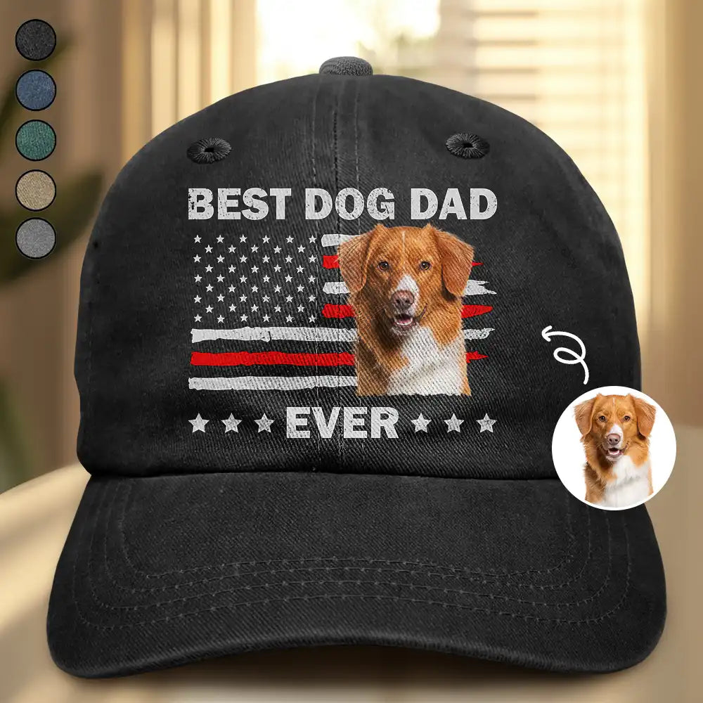 Custom Photo Stars & Stripes Best Dog Dad Ever - Personalized Vintage Washed Denim Cap