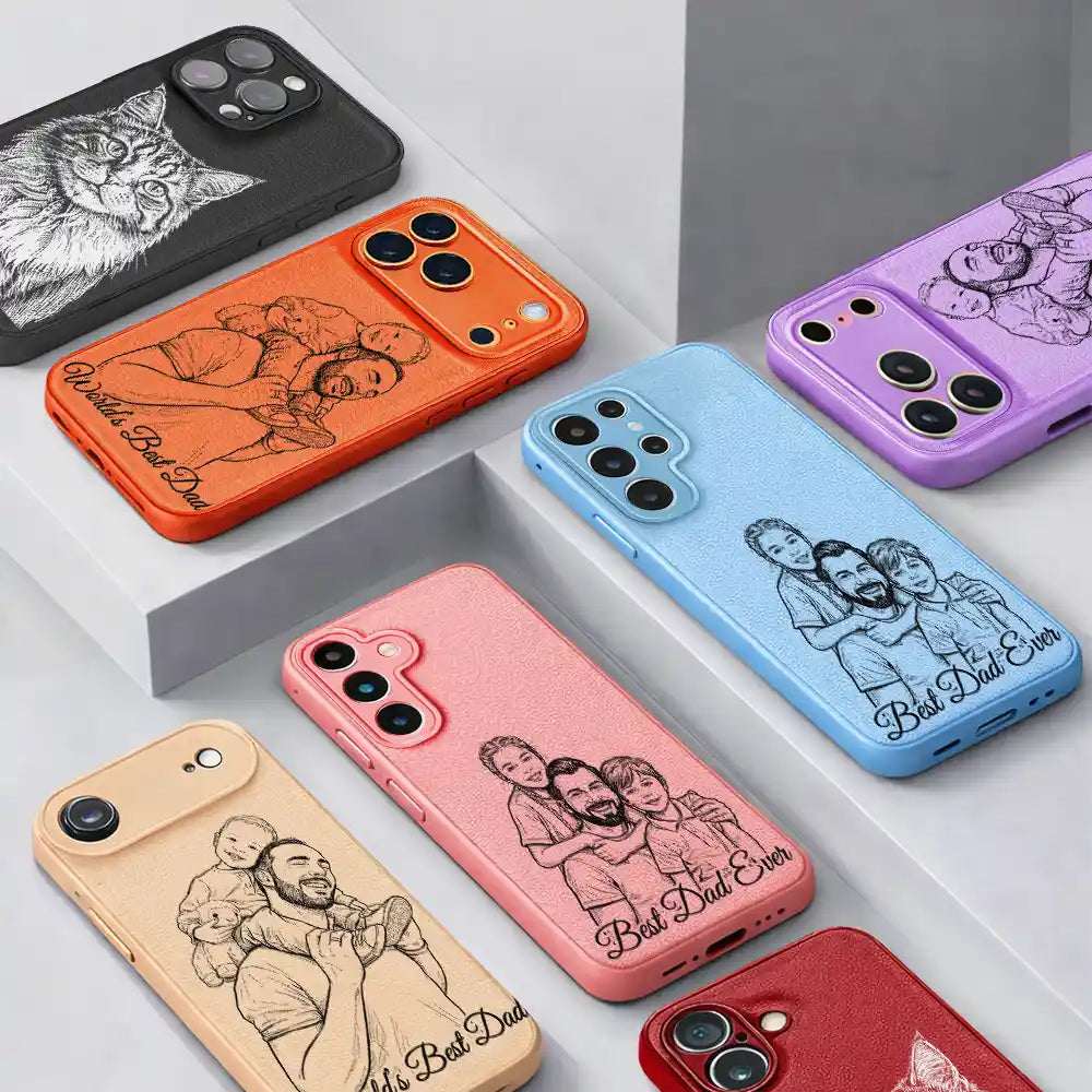Custom Photo,Gift For Father,Dad - Children,Happy,Photo - Pencil Sketch (Bold),Proud - Custom Photo Bold Sketch Best Dad Ever I Love You - Personalized Leather Phone Case