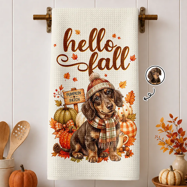 Adorable,Art Design,Pet Lovers,Photo - Autumn Theme Pet - Custom Photo Watercolor Pet With Autumn Accessories Hello Fall Dog Cat Portrait - Personalized Kitchen Towel