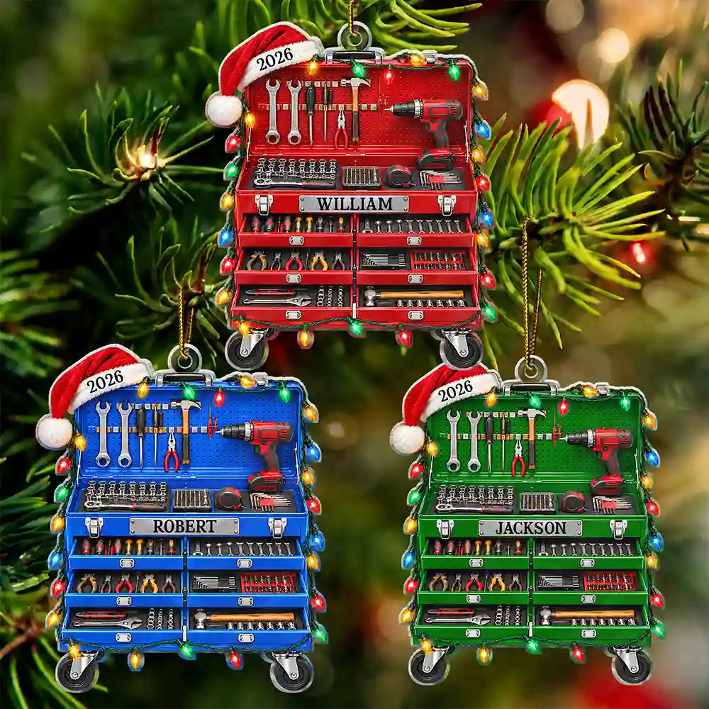 Christmas,Custom Text,Garage,Gift For Men,Gift For Yourself,Gifts For Him,Happy,Semi-Outdoor,Top Market - Christmas Gift For Mechanic Husband Dad - Personalized Tool Box Acrylic Ornament