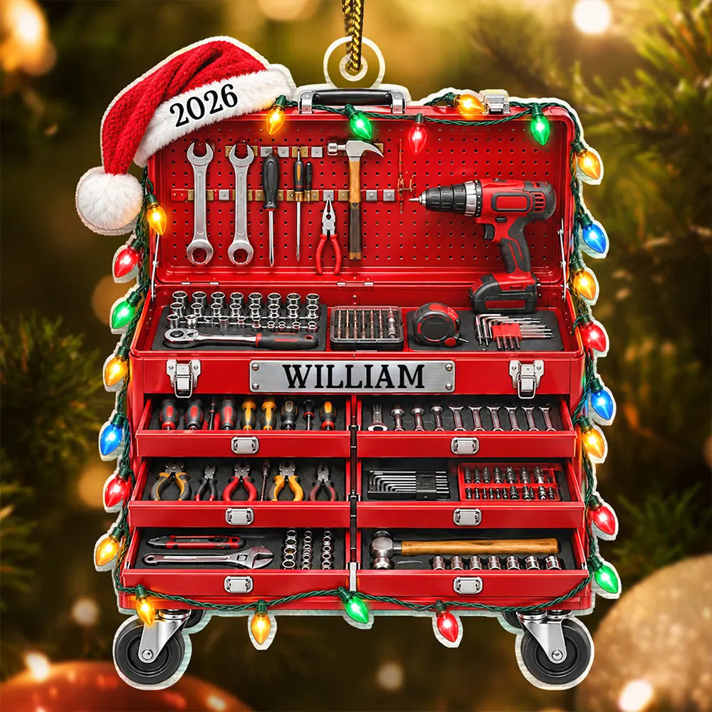 Christmas,Custom Text,Garage,Gift For Men,Gift For Yourself,Gifts For Him,Happy,Semi-Outdoor,Top Market - Christmas Gift For Mechanic Husband Dad - Personalized Tool Box Acrylic Ornament