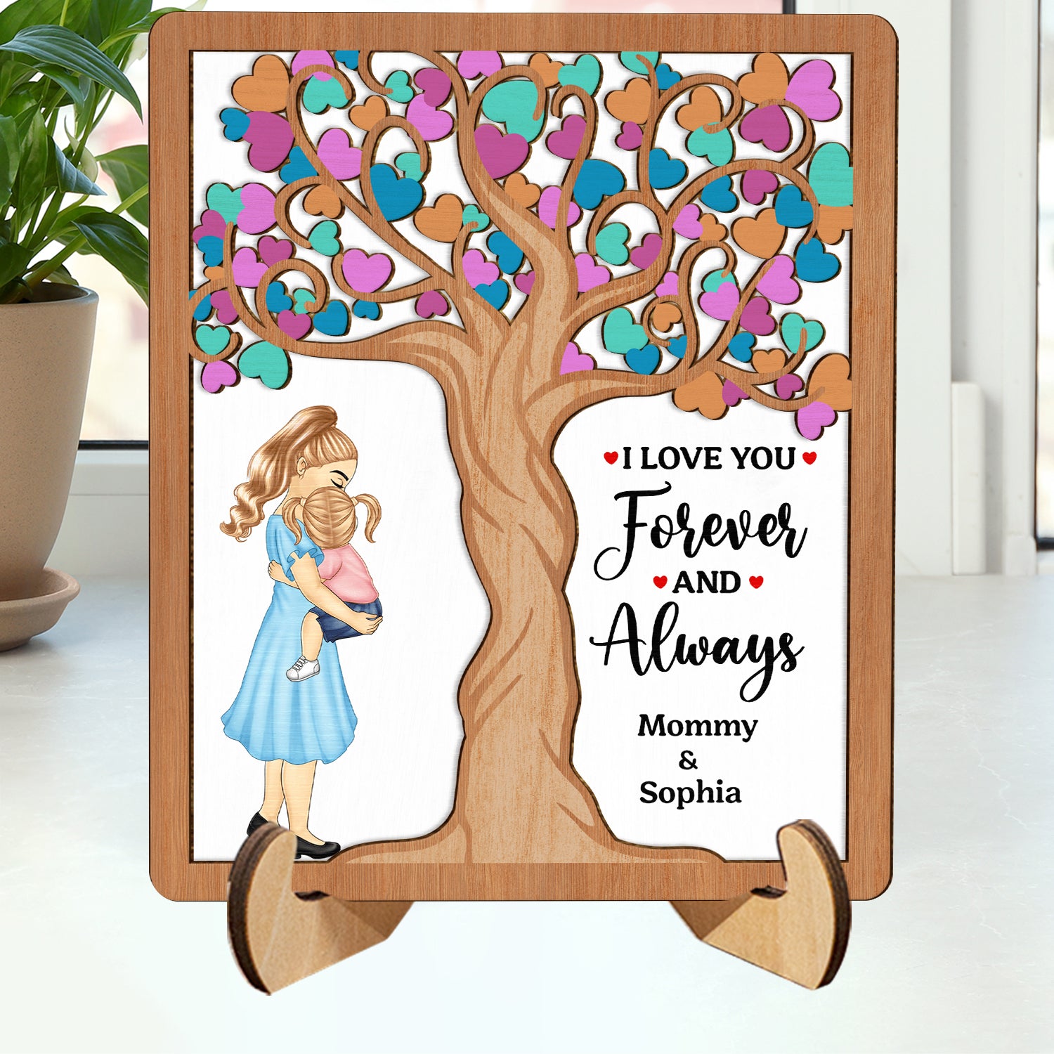 Mom Grandma Love You Forever And Always - Gift For Mother, Grandmother - Personalized 2-Layered Wooden Plaque With Stand