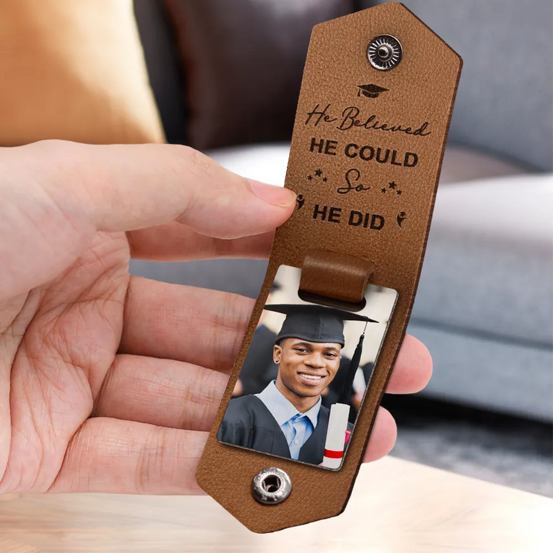 Custom Photo And So The Adventure Begins - Graduation Gift - Personalized Leather Photo Keychain