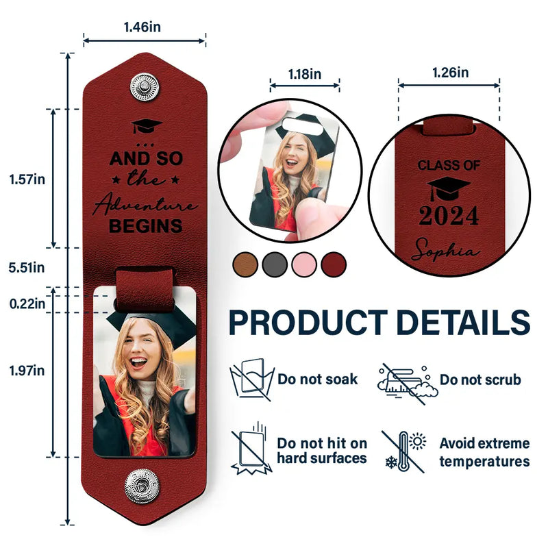 Custom Photo And So The Adventure Begins - Graduation Gift - Personalized Leather Photo Keychain
