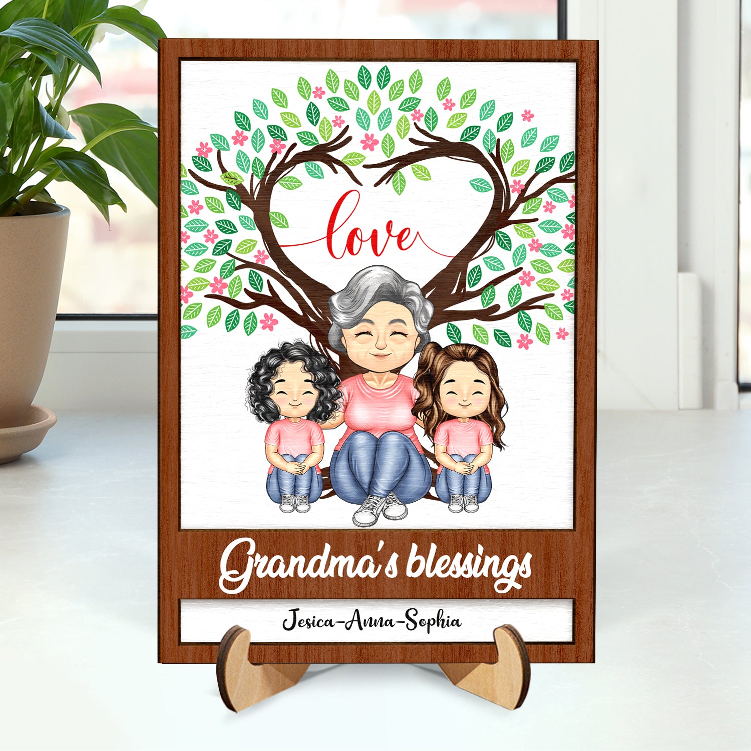 Mom's Grandma's Blessings - Gift For Mother, Grandmother - Personalized 2-Layered Wooden Plaque With Stand