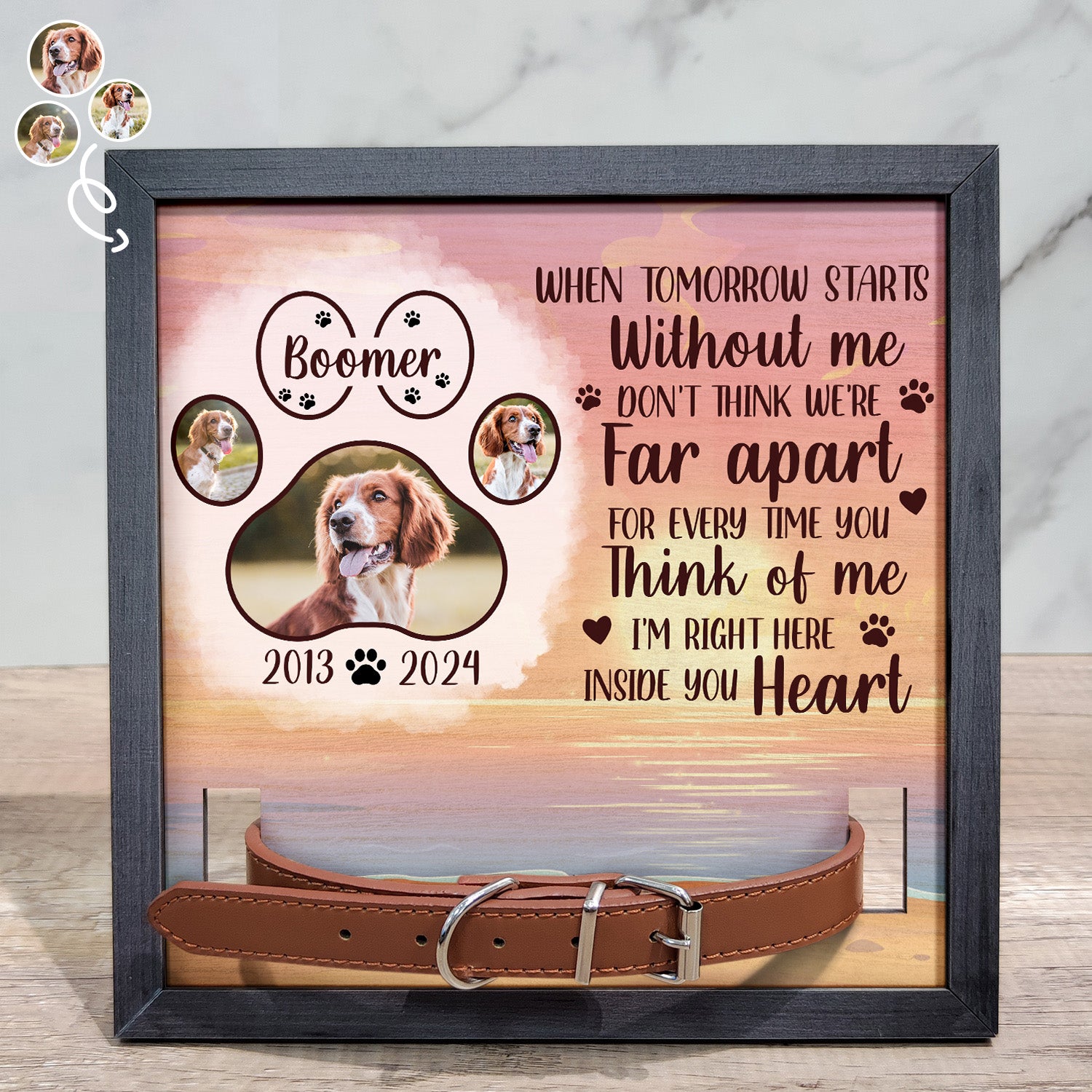 Custom Photo I'm Right Here Inside Your Heart - Memorial, Sympathy Gift For Dog Owners, Cat Lovers - Personalized Pet Loss Sign, Collar Frame