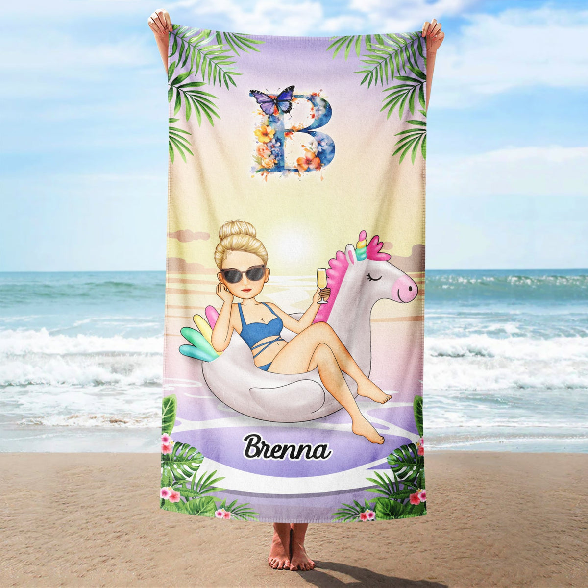 Serviette de plage monogramme - Cadeau pour femmes, amoureuses de la plage - Serviette de plage personnalisée