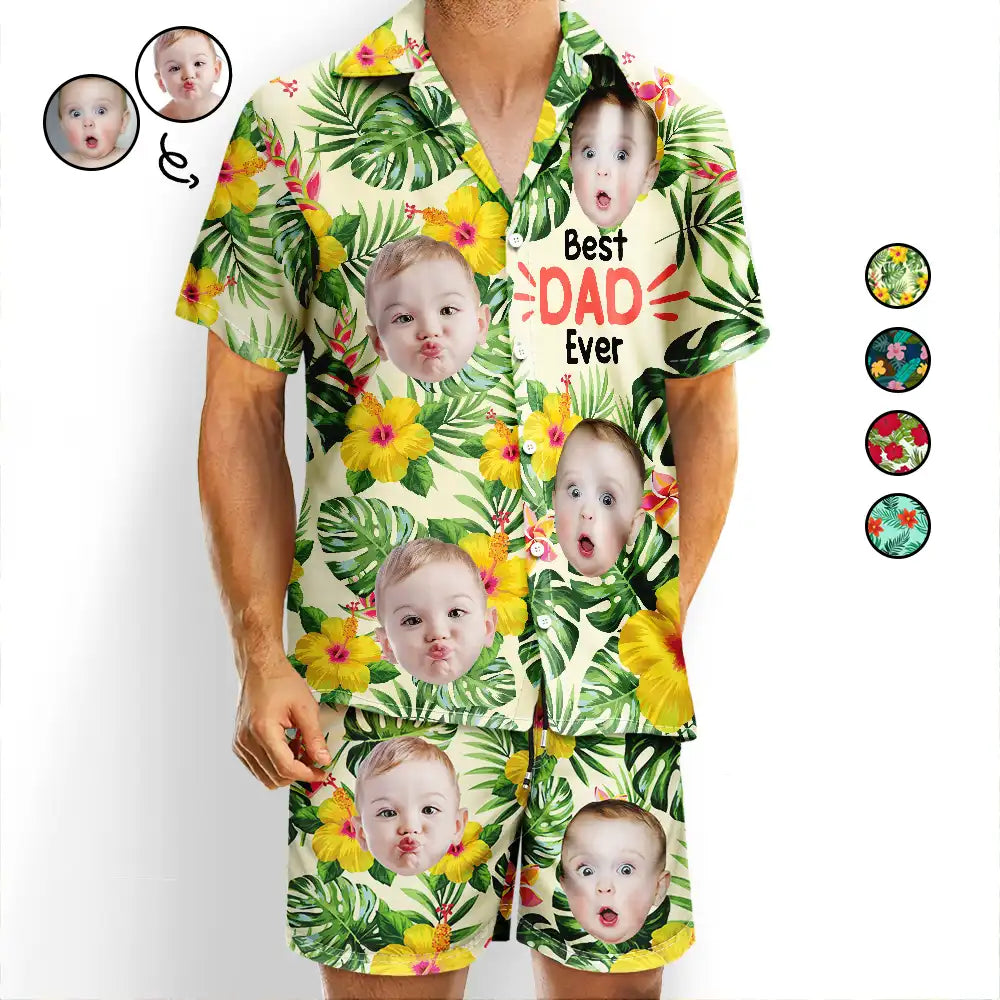Photo personnalisée « Meilleur papa de tous les temps » - Ensemble chemise et short hawaïens personnalisés