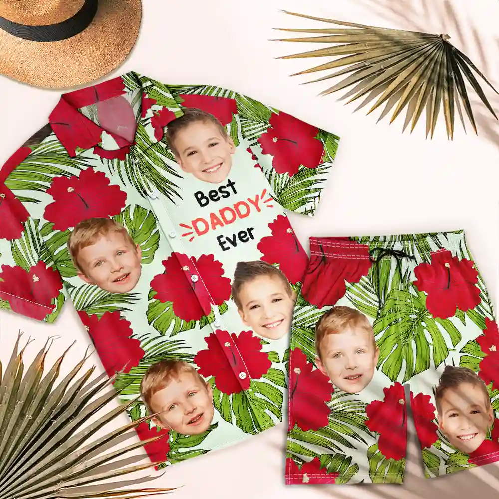 Photo personnalisée « Meilleur papa de tous les temps » - Ensemble chemise et short hawaïens personnalisés