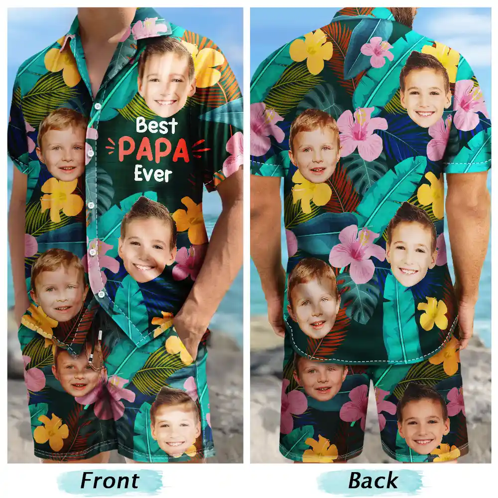 Photo personnalisée « Meilleur papa de tous les temps » - Ensemble chemise et short hawaïens personnalisés