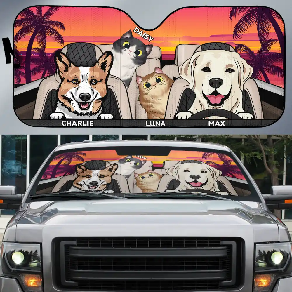 Pet Happy Journey In Sunset - Personalized Auto Sunshade