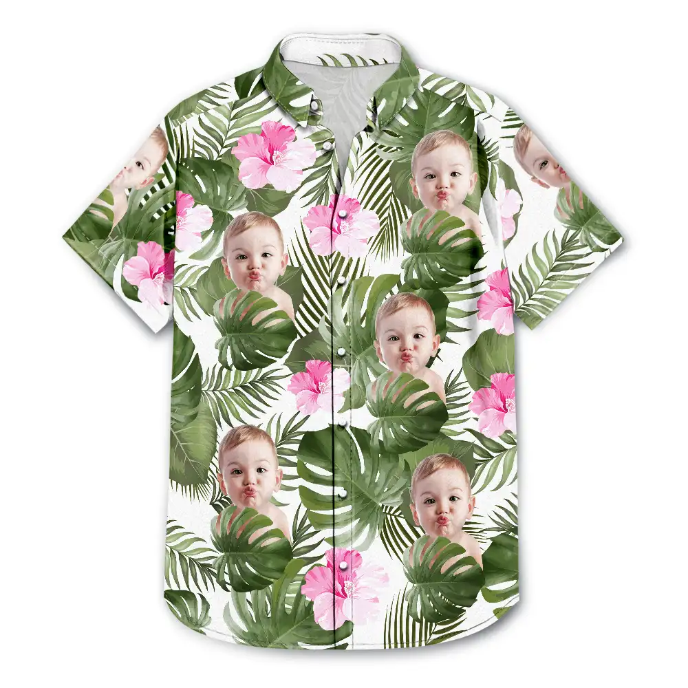 Custom Photo Tropical Leaves Funny Family Pet Face - Personalized Hawaiian Shirt
