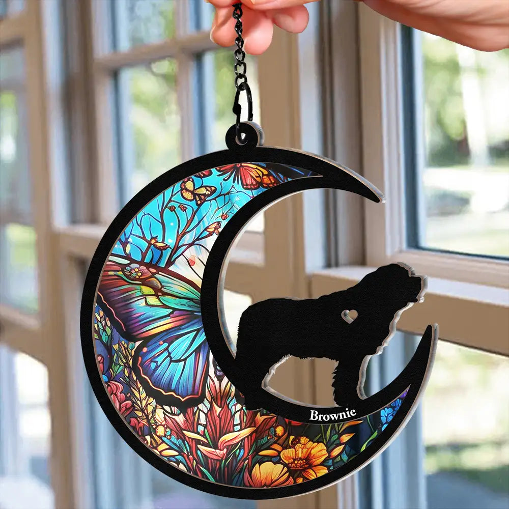 Dog With Stained Glass Moon - Personalized Window Hanging Suncatcher Ornament