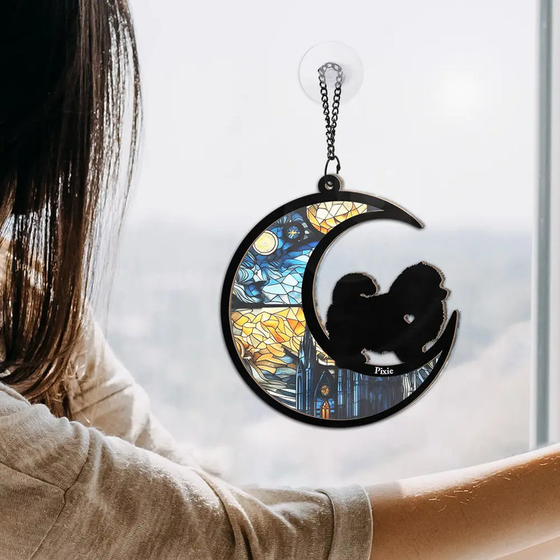 Dog With Stained Glass Moon - Personalized Window Hanging Suncatcher Ornament