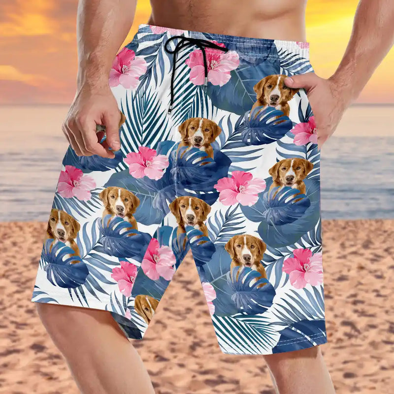 Custom Photo Tropical Leaves Funny Family Pet Face - Personalized Unisex Beach Shorts