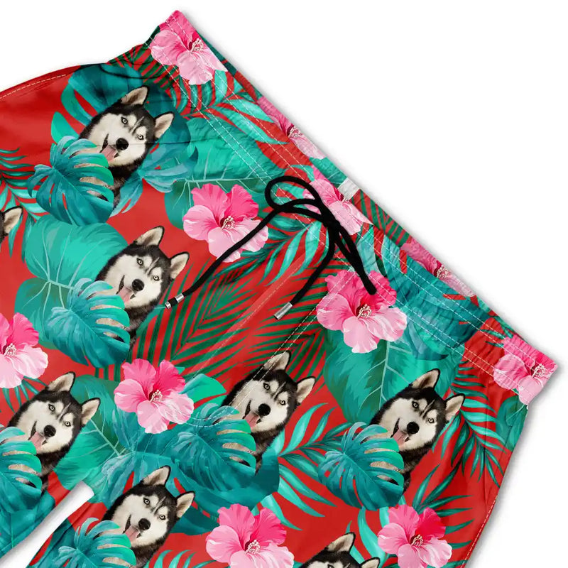 Custom Photo Tropical Leaves Funny Family Pet Face - Personalized Unisex Beach Shorts