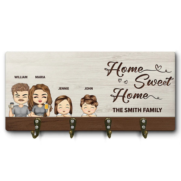 Porte-clés en bois personnalisé « Home Sweet Home Chibi Family »