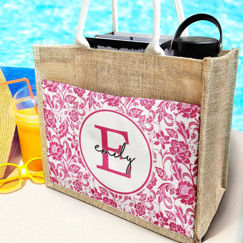 Monogram Floral Pattern Custom - Personalized Jute Tote Bag
