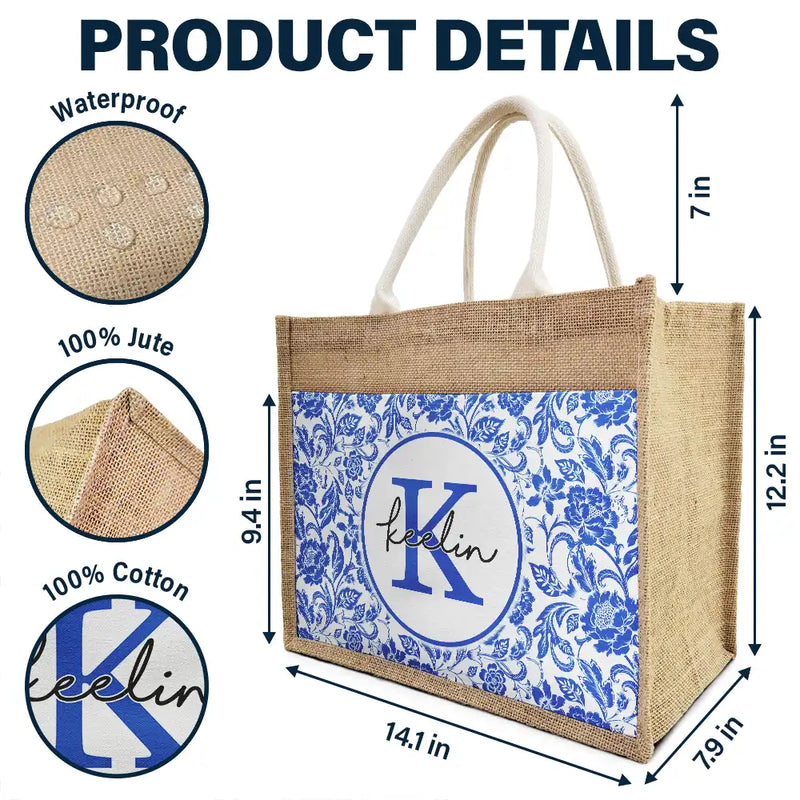 Monogram Floral Pattern Custom - Personalized Jute Tote Bag