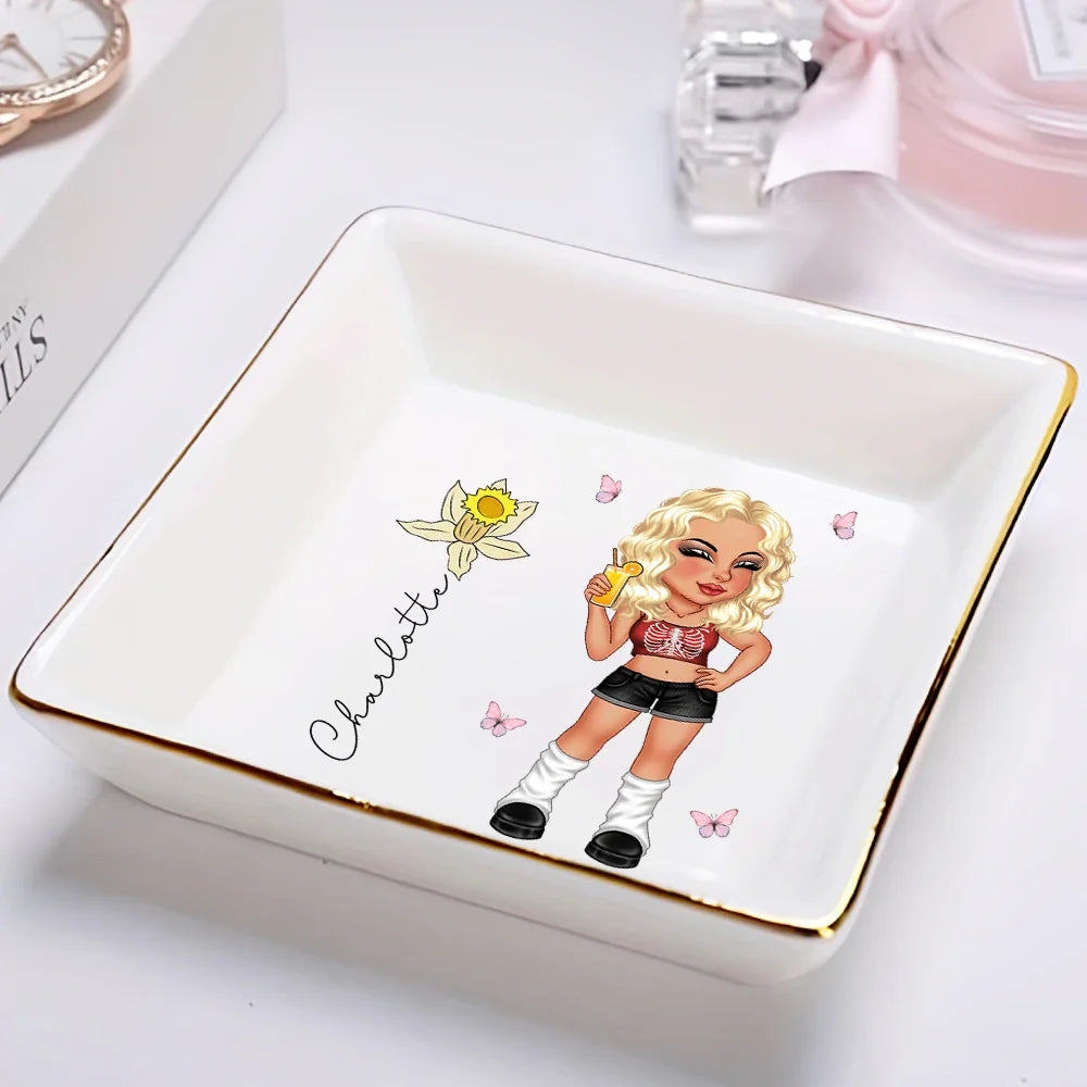 Y2K Girl With Birth Flowers - Personalized Ring Dish