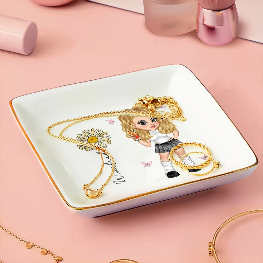 Y2K Girl With Birth Flowers - Personalized Ring Dish