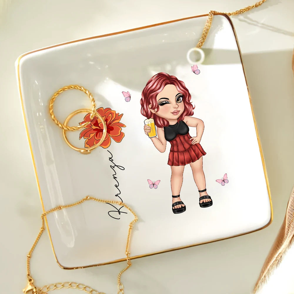 Y2K Girl With Birth Flowers - Personalized Ring Dish