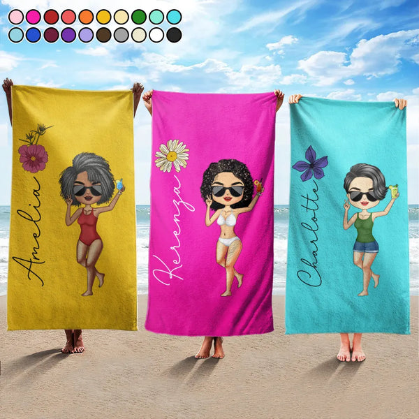 Serviette de plage personnalisée Chibi Girl avec fleur de naissance 