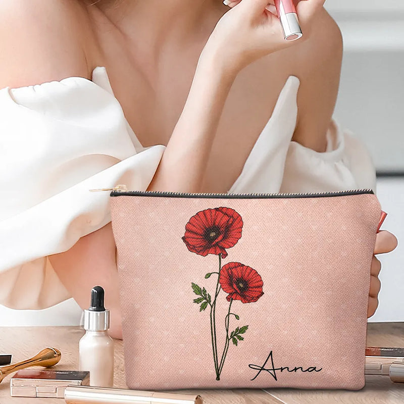 Fleur de naissance pour femme - Trousse de maquillage personnalisée 