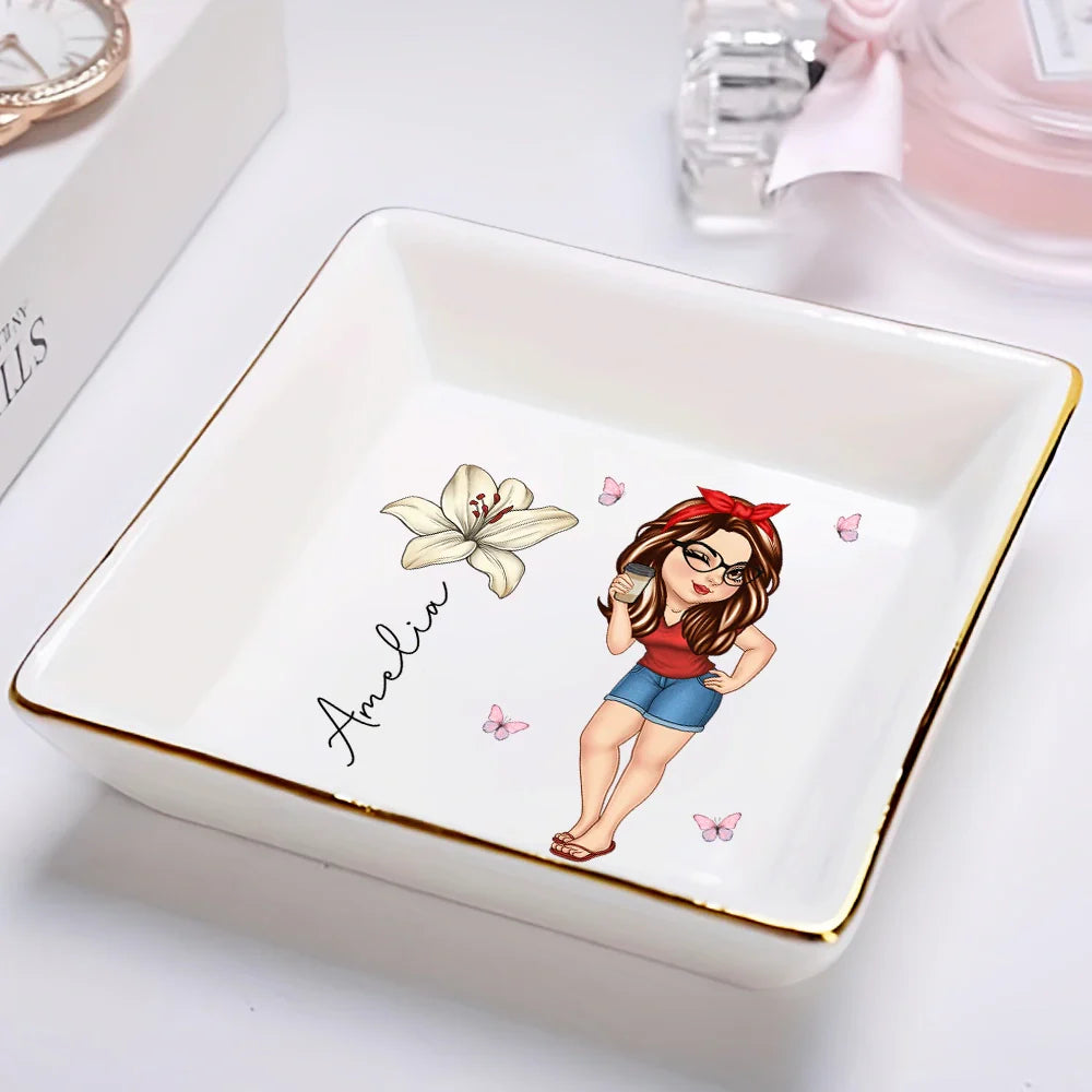 Girl With Birth Flowers - Personalized Ring Dish
