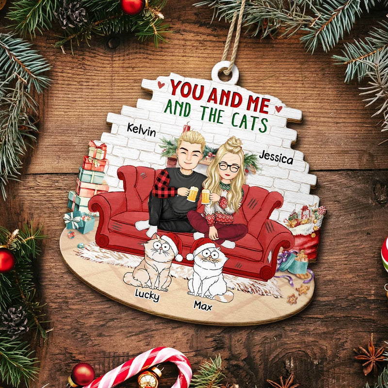 You And Me And The Cats - Personalized Custom Shaped Wooden Ornament