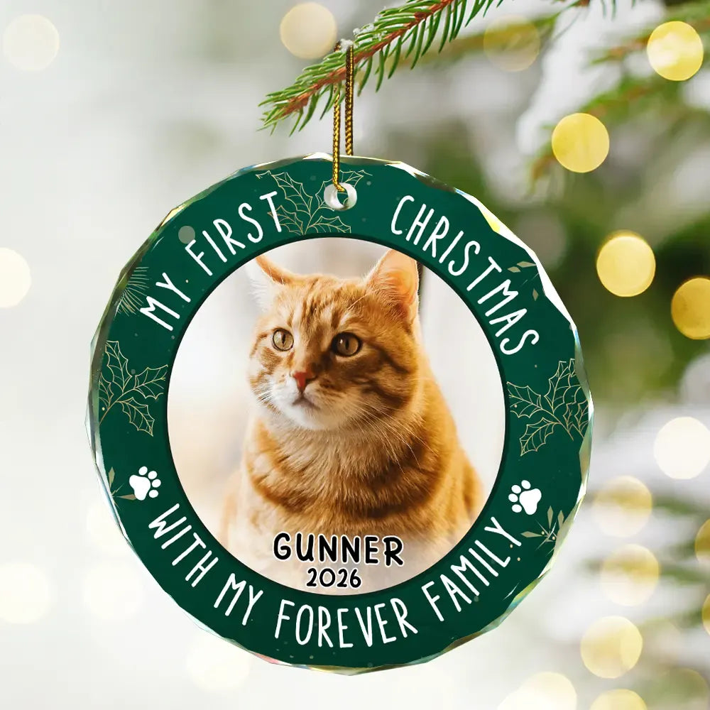 Custom Photo First Christmas Pet Lovers - Personalized Circle Glass Ornament