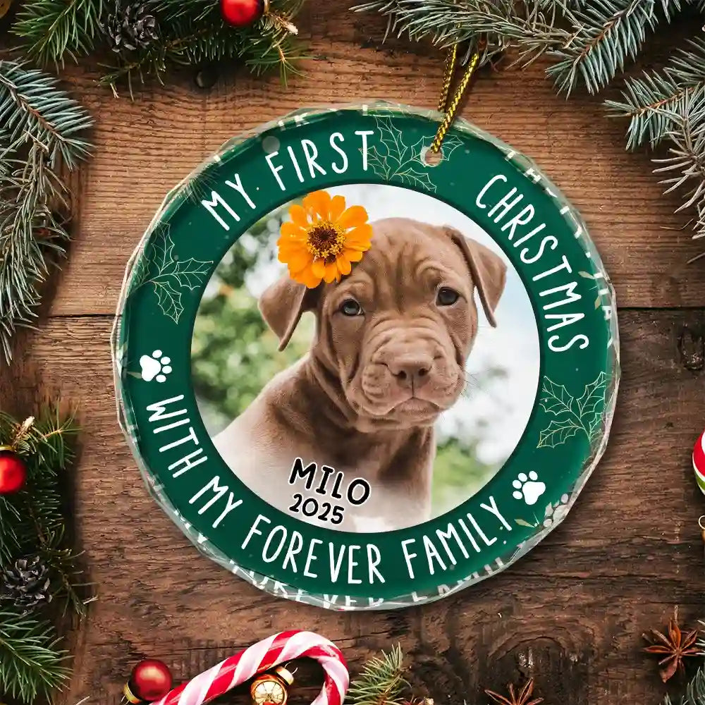 Custom Photo First Christmas Pet Lovers - Personalized Circle Glass Ornament