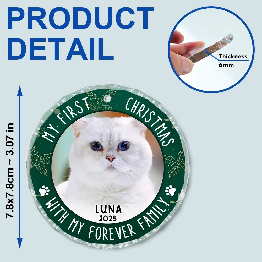 Custom Photo First Christmas Pet Lovers - Personalized Circle Glass Ornament