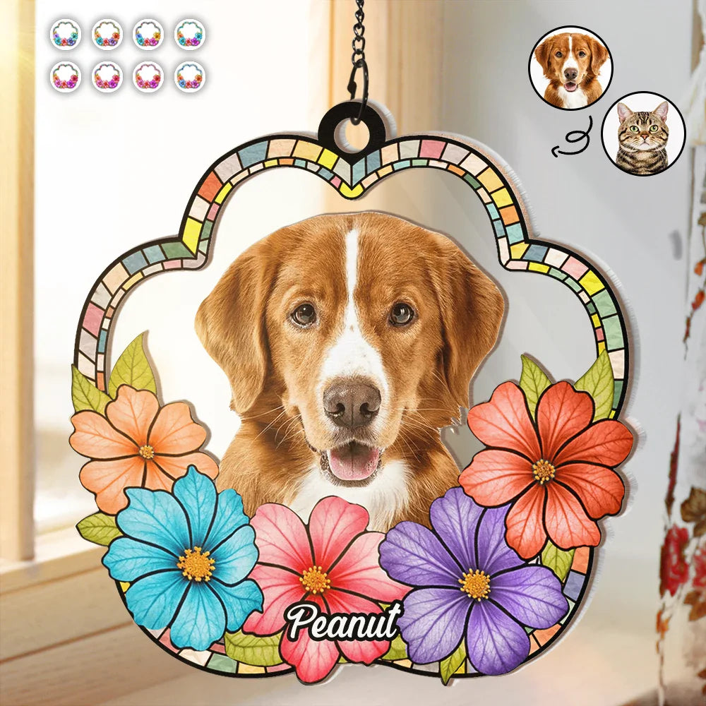 Custom Photo Dog Cat Floral Stained Glass - Personalized Window Hanging Suncatcher Ornament