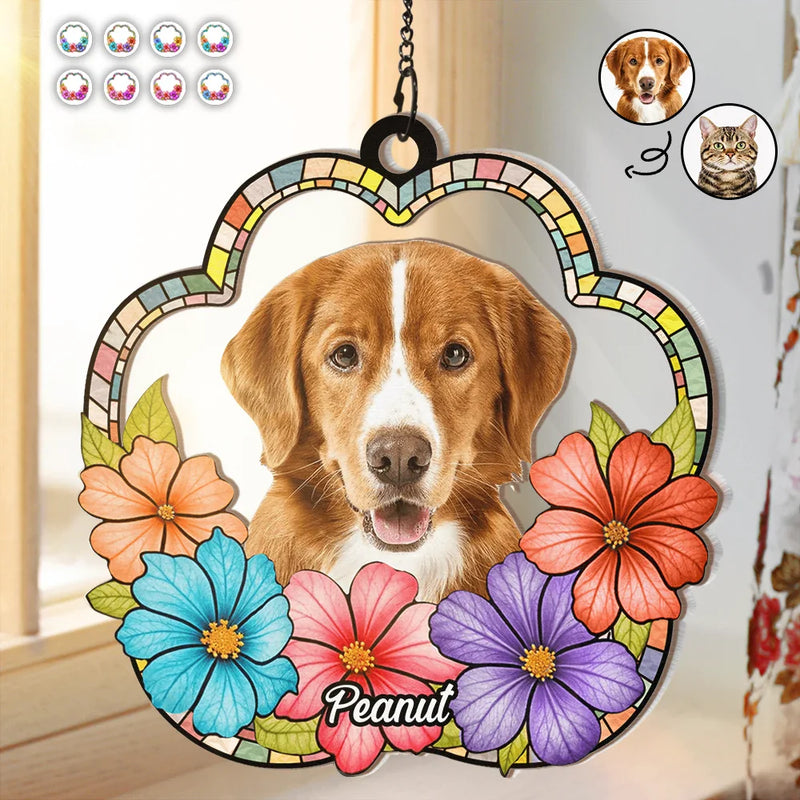 Custom Photo Dog Cat Floral Stained Glass - Personalized Window Hanging Suncatcher Ornament