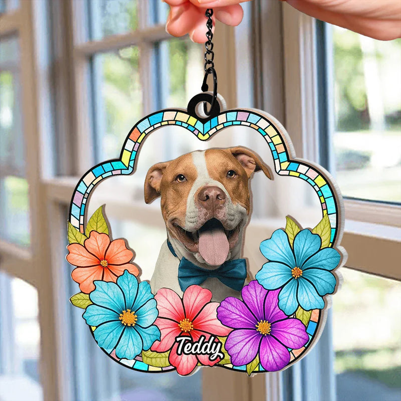 Custom Photo Dog Cat Floral Stained Glass - Personalized Window Hanging Suncatcher Ornament