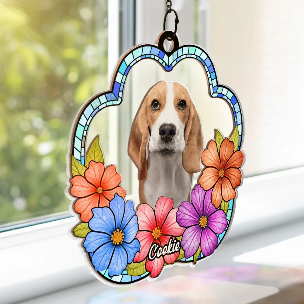 Custom Photo Dog Cat Floral Stained Glass - Personalized Window Hanging Suncatcher Ornament