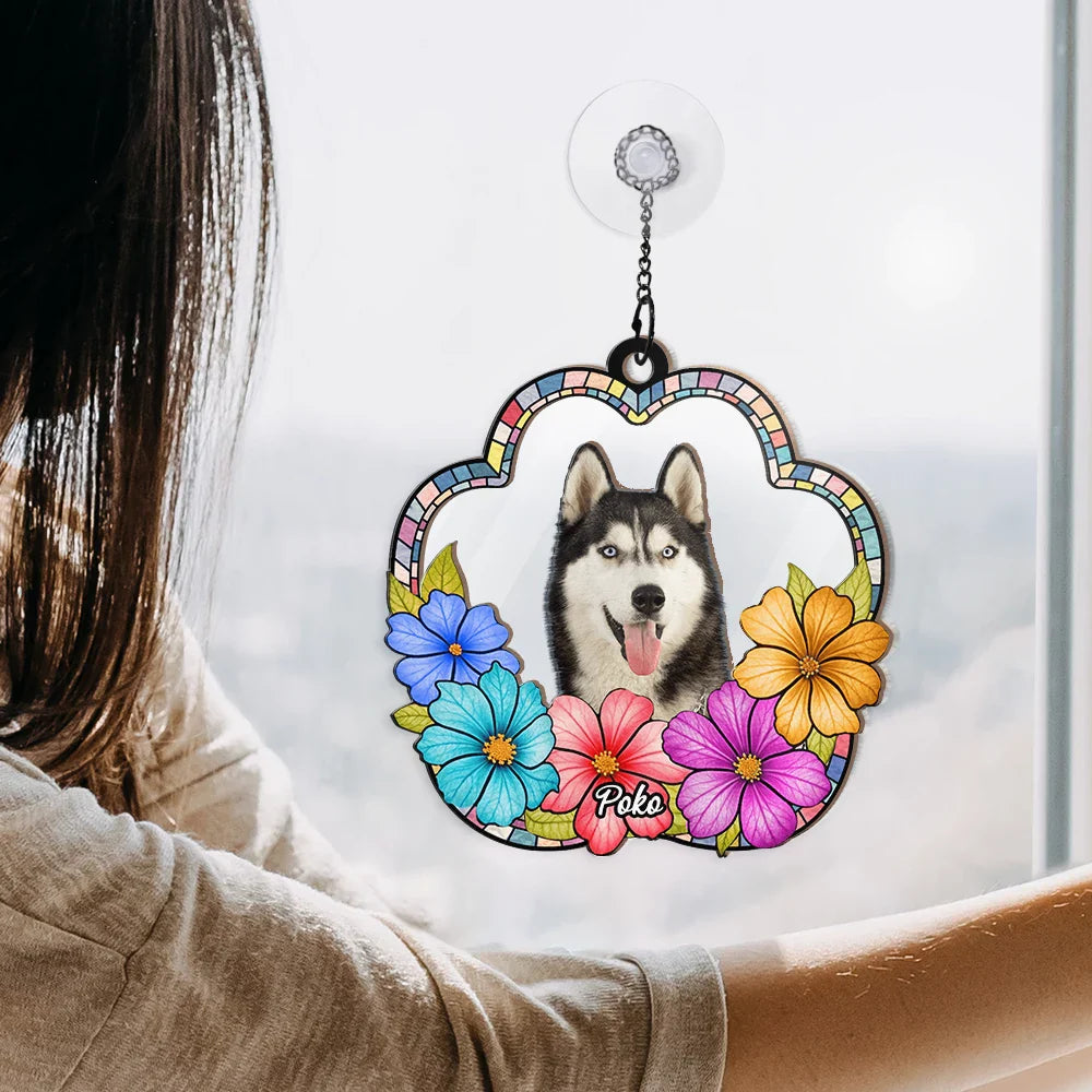 Custom Photo Dog Cat Floral Stained Glass - Personalized Window Hanging Suncatcher Ornament