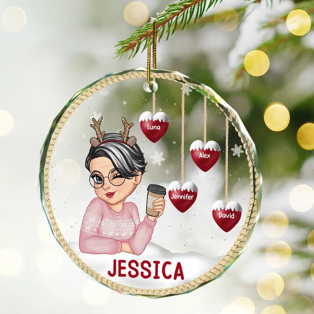 Snowman Grandma Mom - Personalized Circle Glass Ornament